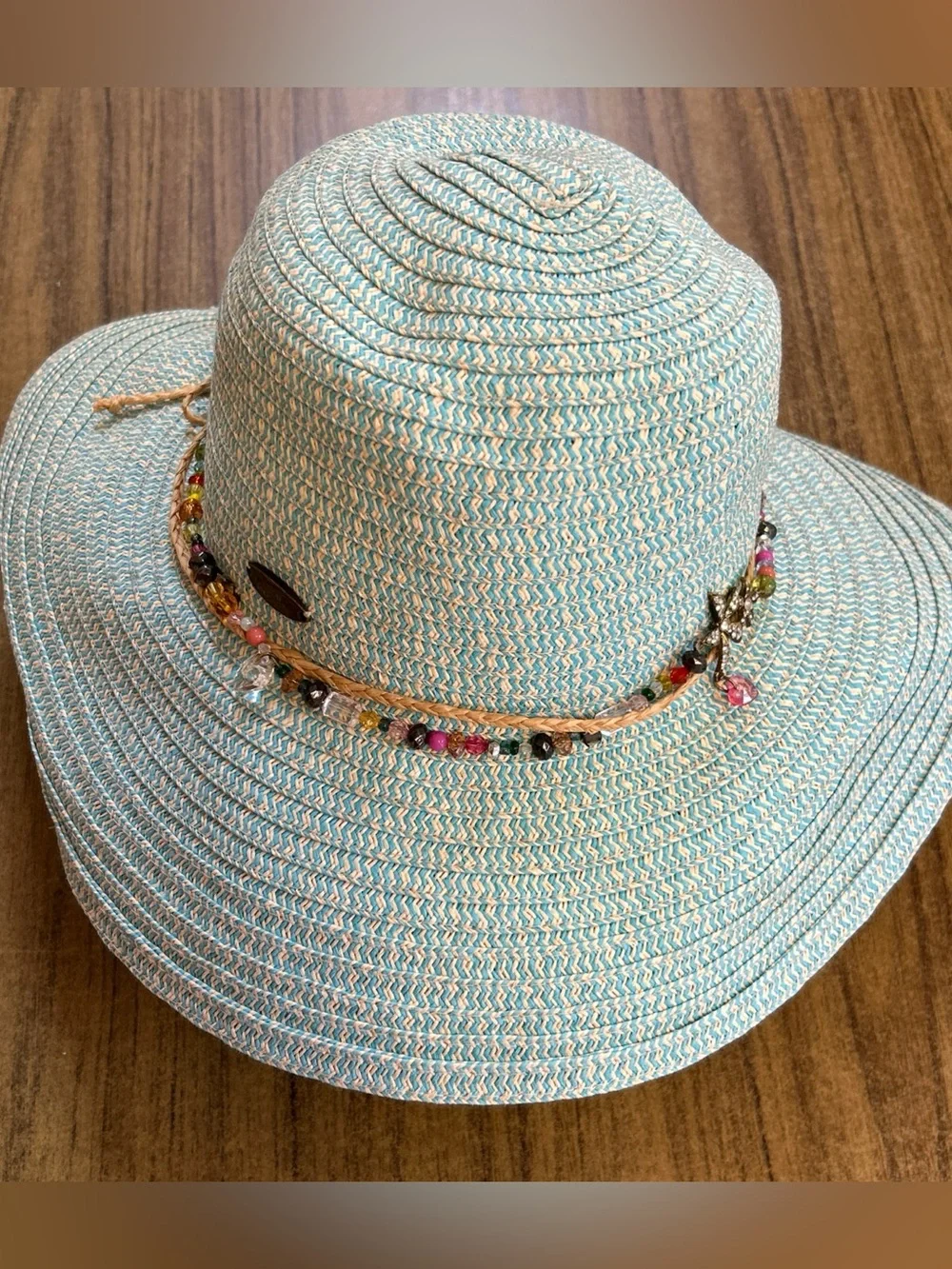 Cappelli Straworld Striped Wide Brim Sun Hat Turquoise w/Beaded Band One Size